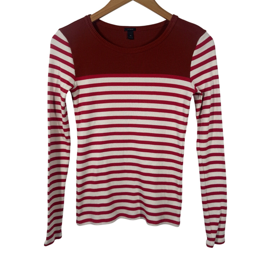 J. Crew Top Women Size XS Orange Red Stripe‎ Long Sleeve Pullover Classic Preppy